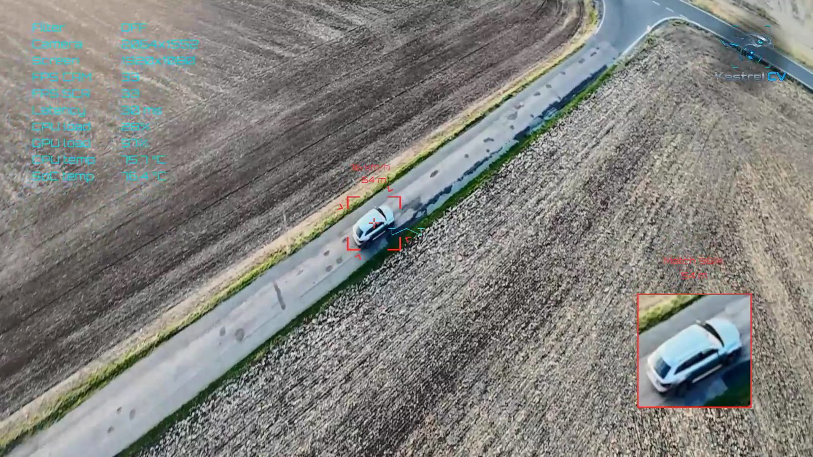 KestrelCV perception core on NVIDIA Jetson Orin Nano Super — detection, lock and HUD validated on real airborne footage