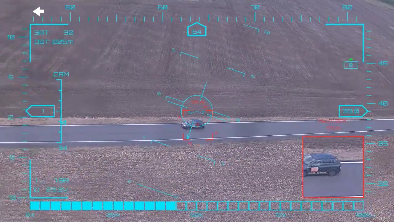 Dark car on dark asphalt — onboard AI target lock and real-time tracking from a UAV in strong crosswind, FPV goggles DVR