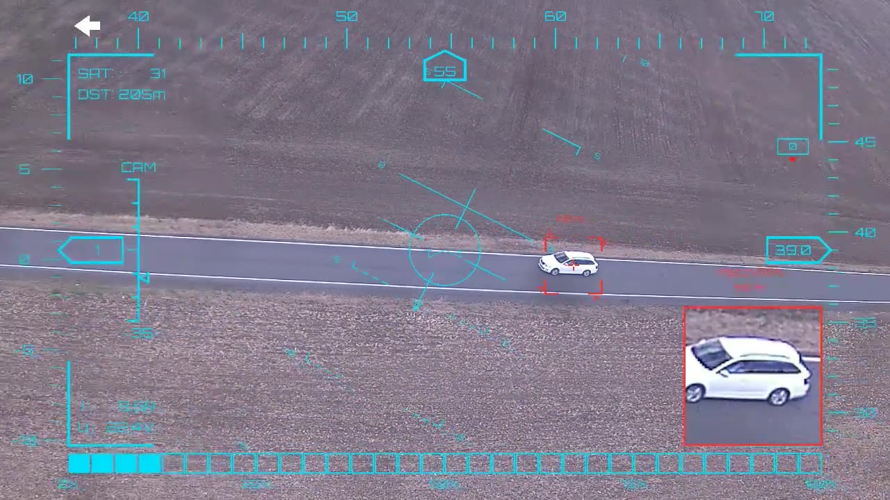 White car at the turn-off — onboard AI target lock and real-time tracking from a UAV in strong crosswind, FPV goggles DVR