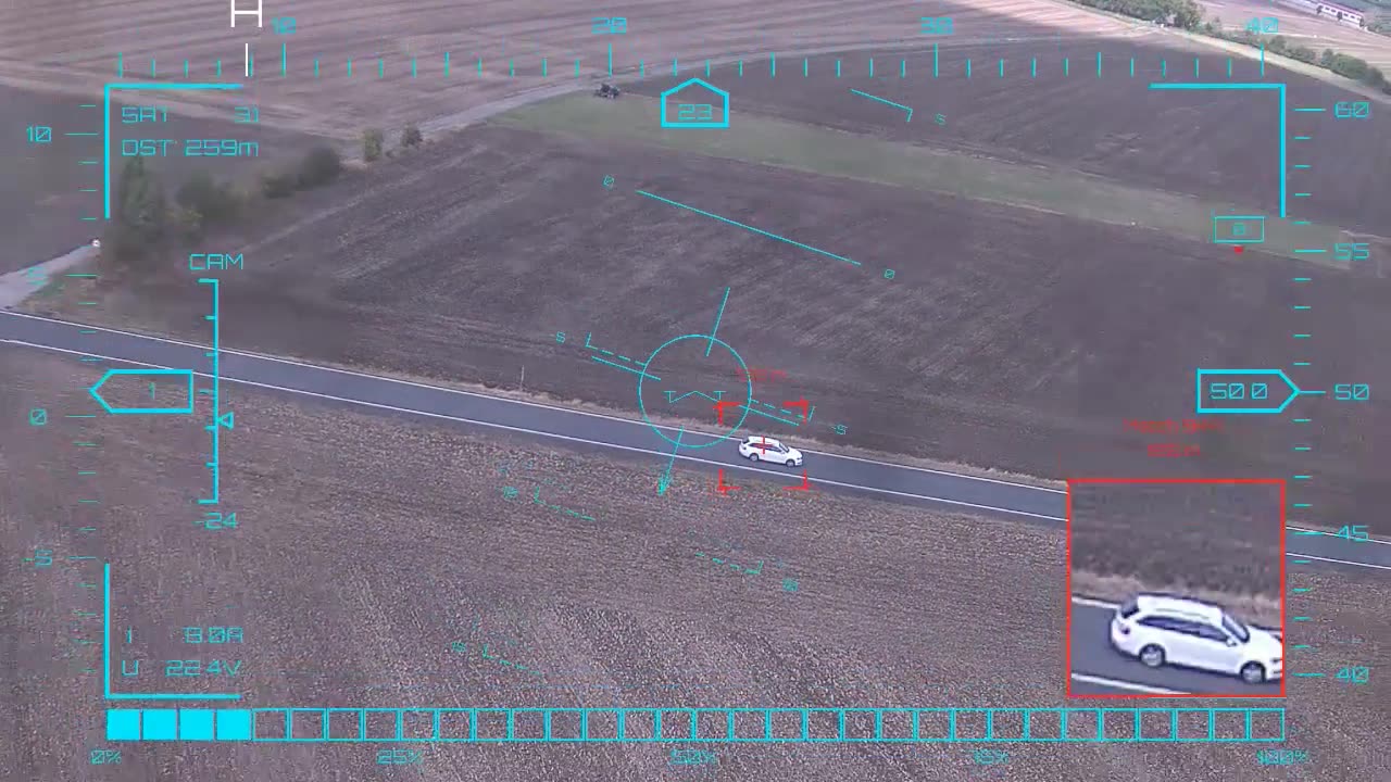 White crossover held at 250 m — onboard AI target lock and real-time tracking from a UAV in strong crosswind, FPV goggles DVR