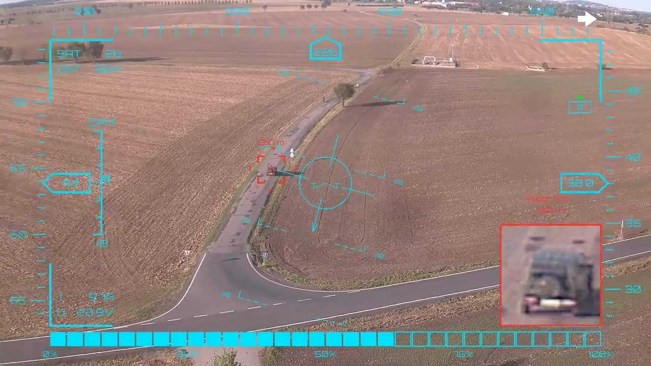 Off-roader by the farm track — onboard AI target lock and real-time tracking from a UAV, FPV goggles DVR