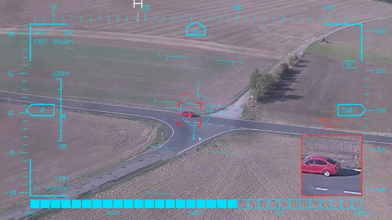 Red pickup at 260 m — onboard AI target lock and real-time tracking from a UAV, FPV goggles DVR