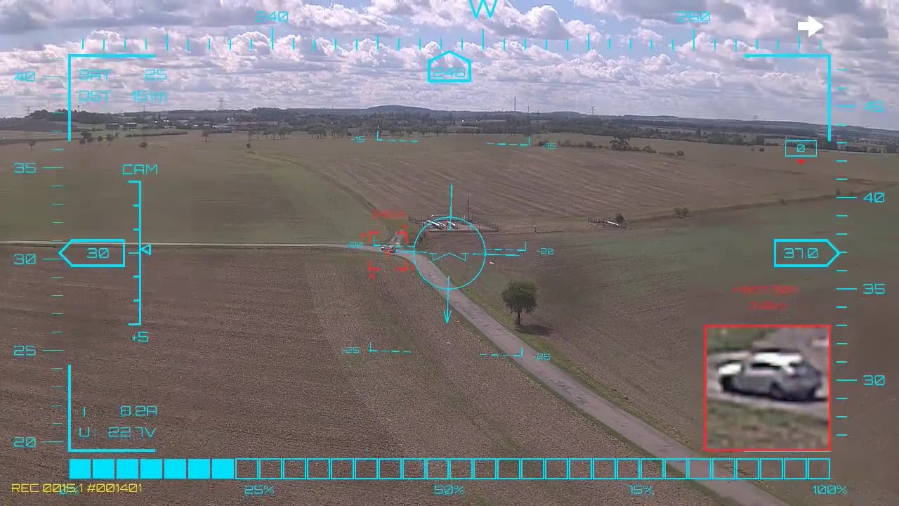 Forty seconds on a silver saloon — onboard AI target lock and real-time tracking from a UAV, FPV goggles DVR