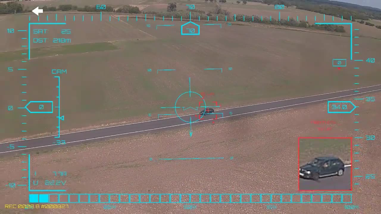 Black car on the long straight — onboard AI target lock and real-time tracking from a UAV, FPV goggles DVR