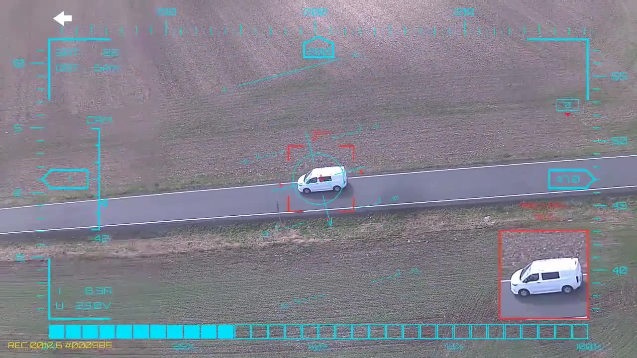 White van through the junction — onboard AI target lock and real-time tracking from a UAV, FPV goggles DVR