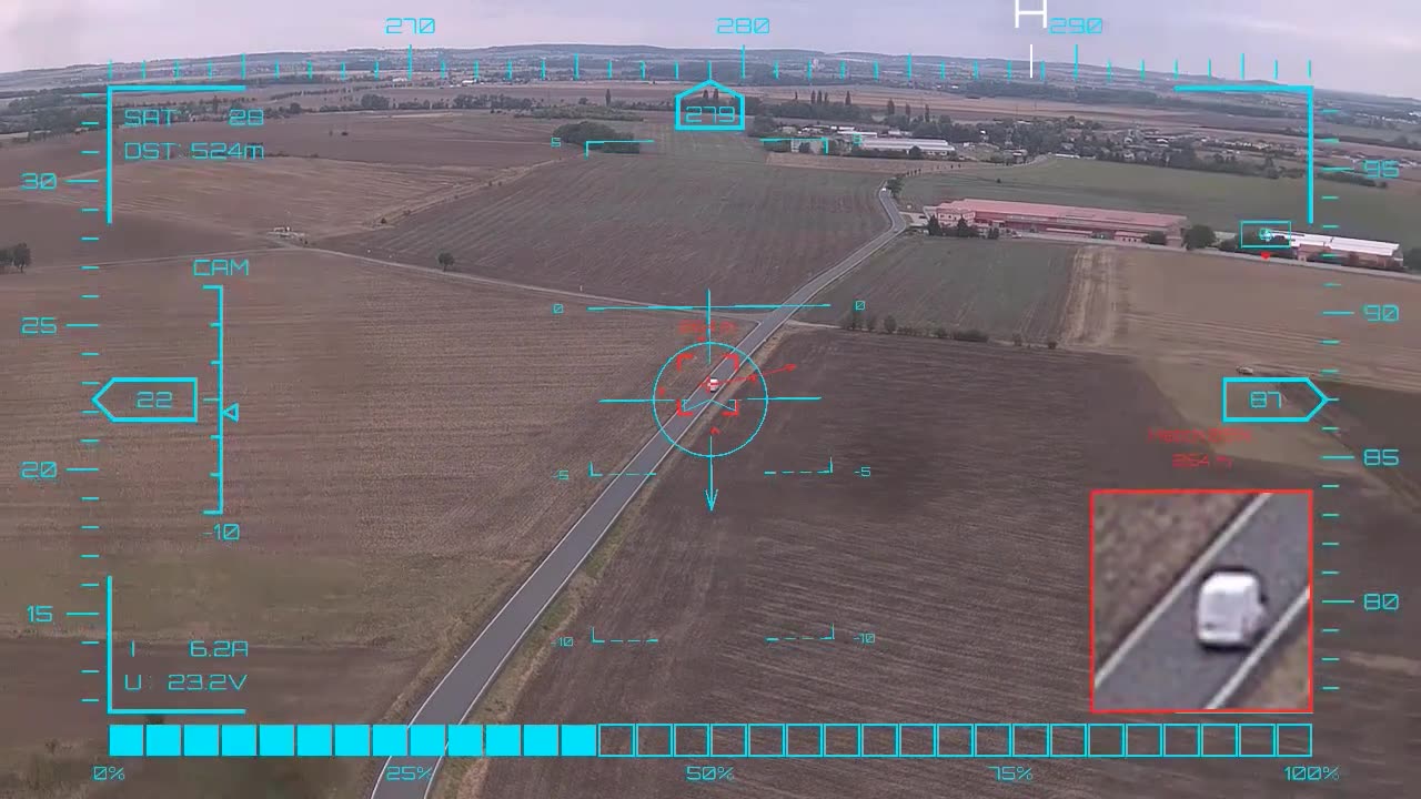 Small van at long range — onboard AI target lock and real-time tracking from a UAV, FPV goggles DVR