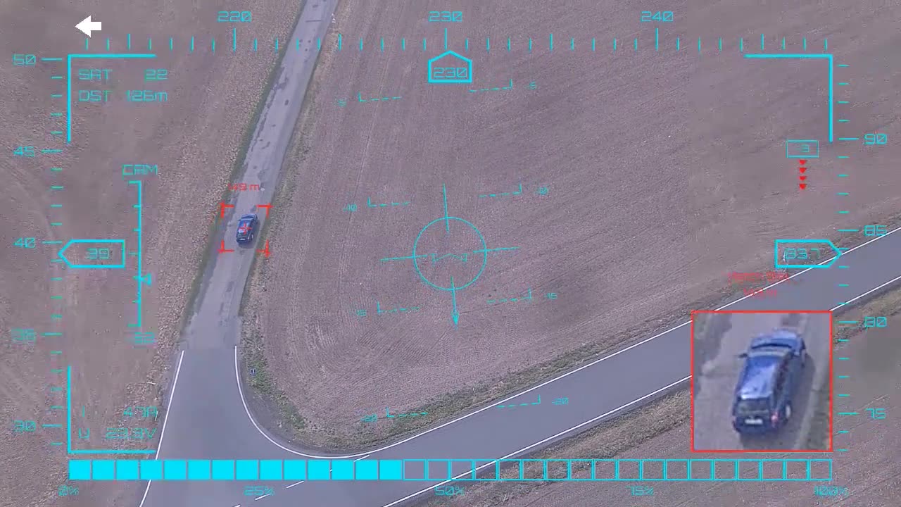 Shadowing a blue SUV — onboard AI target lock and real-time tracking from a UAV, FPV goggles DVR