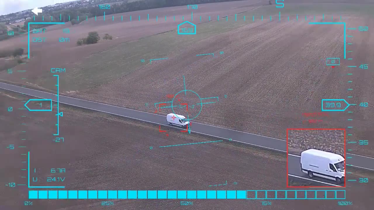 Van and heavy truck — onboard AI target lock and real-time tracking from a UAV, FPV goggles DVR
